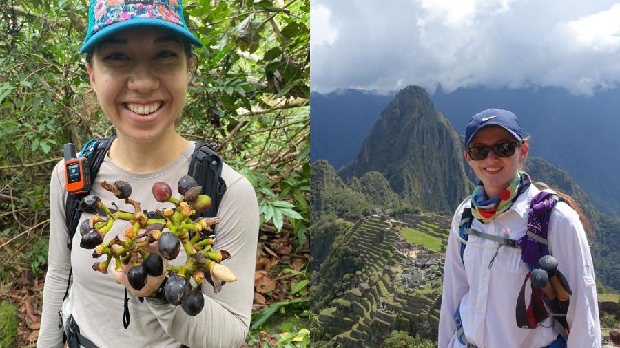 Two side-by-side images. On the left, a woman in a hat smiles while holding up a plant in the rainforest. On the right, a woman in a hat and sunglasses smiles in front of Machu Picchu..